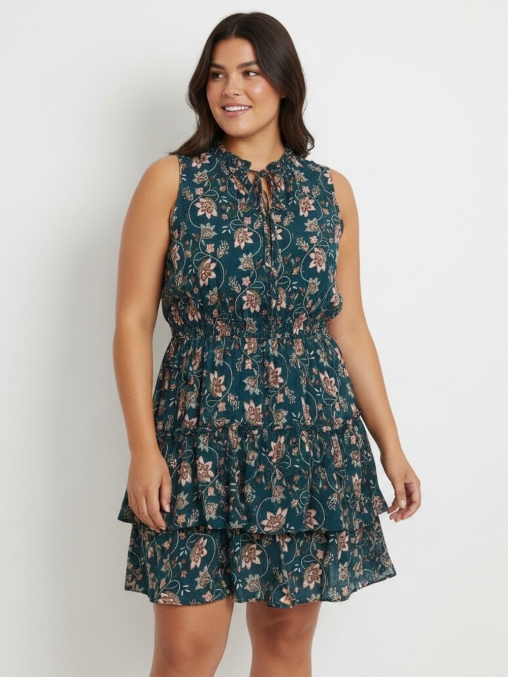 William Rast Teal Floral Tiered Ruffle Mini Dress